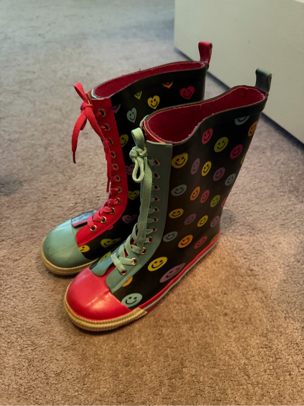 Colorful Smiley Face Rain Boots - Pink & Teal Accents